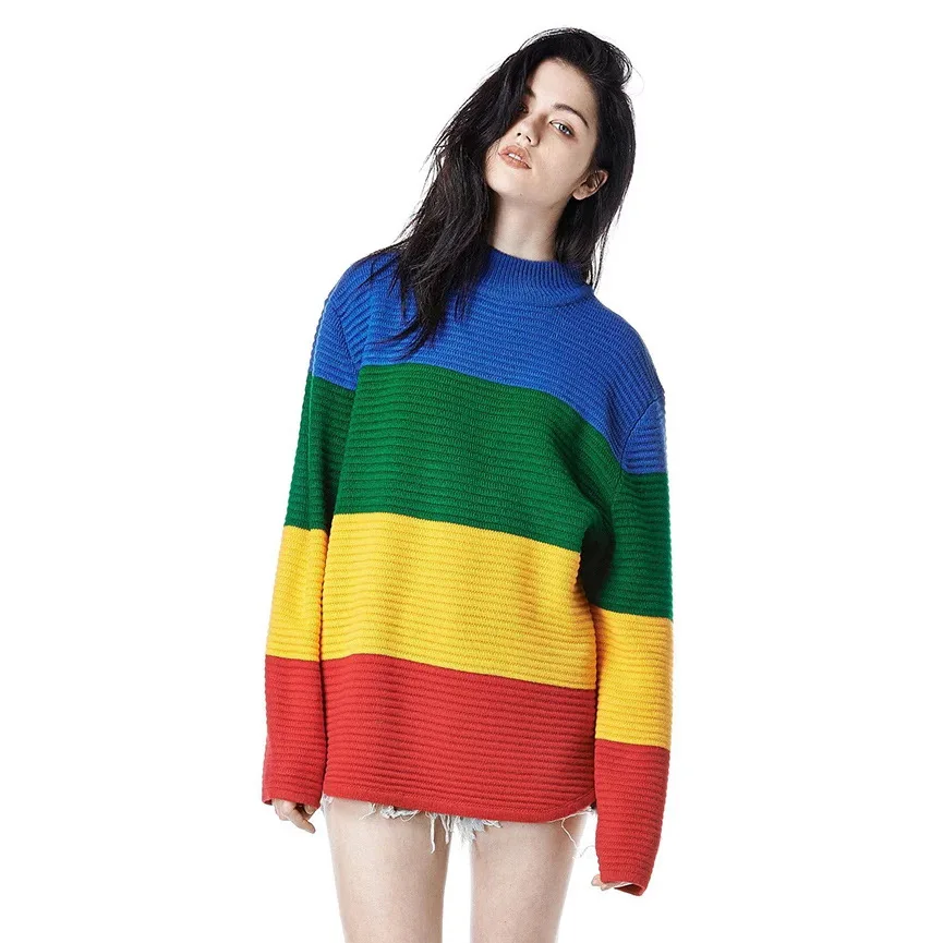 

2020 Autumn New Pull Jumpers European Rainbow Stitching Women Sweater Chic Causal Oversized Knitted Pullover Tops
