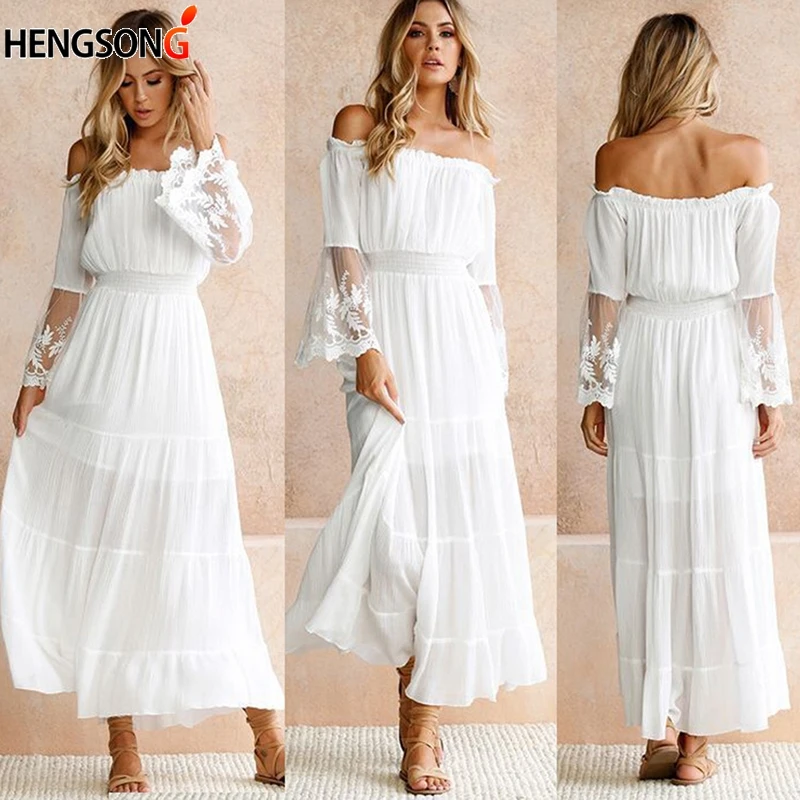 

Sexy Off Shoulder Lace Boho Women Maxi Dress Women White Beach Dress Strapless Long Sleeve Loose Dress