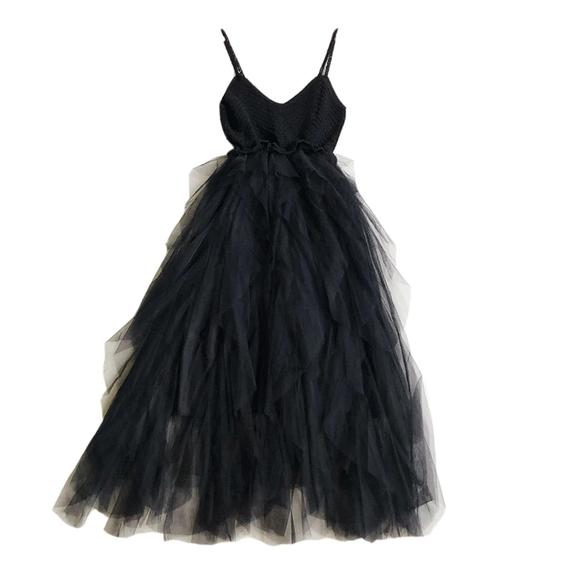 

FMFSSOM 2021 Summer Preppy Style Spaghetti Strap Dress Knitting Spliced Lace Black V-Neck Ball Gown Party Vintage Clothing