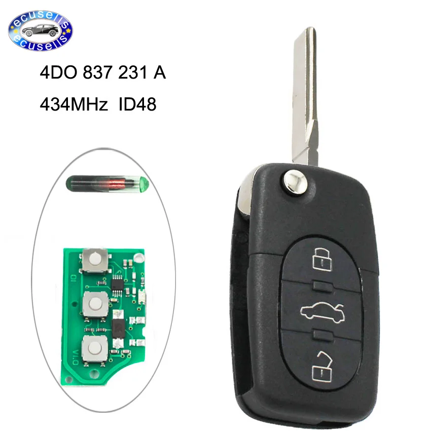 3 Button Folding Keyless Remote Key Fob For Audi A3 A4 A6 Old Models 433Mhz With ID48 Chip 4D0 837 231 A | Автомобили и мотоциклы