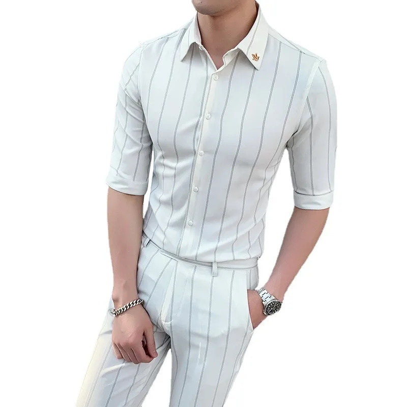 

(Shirt + pants) 2021 new mens spring autumn high-end fashion business casual striped middle-sleeved shirt 2 Pcs suit pants male