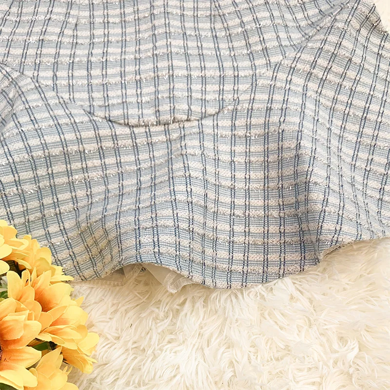 

Suits Flower Pullover Sweater Top Outfit Knitting Tweed Skirt Two-Piece Umbrella Grid Short Skirts Sweet Fashion Women Clothing