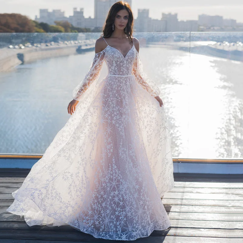 

Brush Pink Vintage Wedding Dress Puff Long Sleeve Stary Tulle Wedding Gowns A Line Vestido de Noiva Beach Bride Dresses 2021