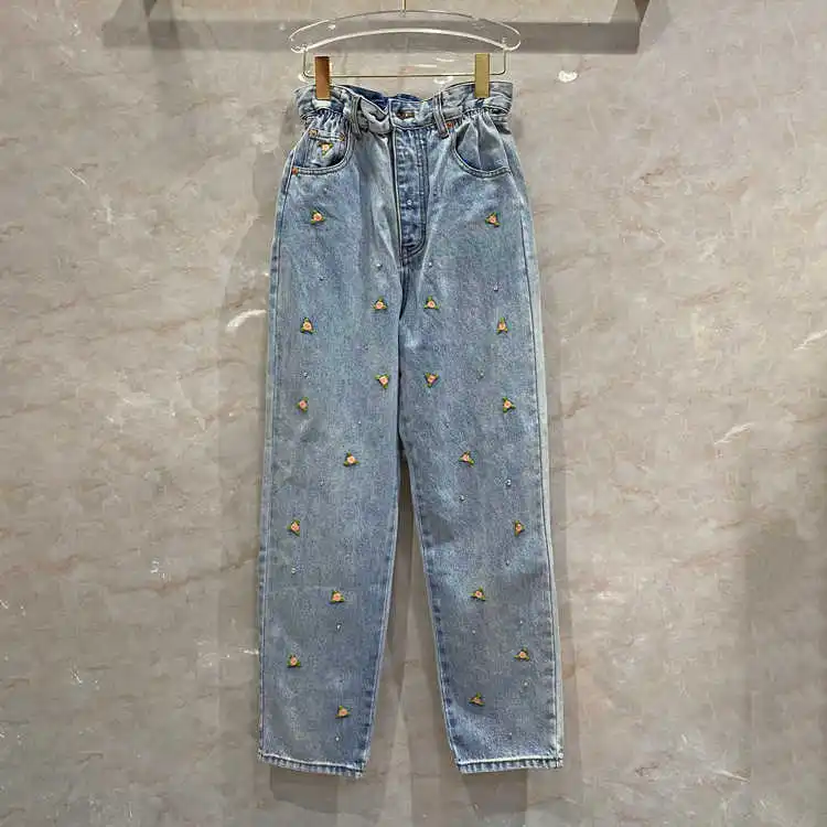 

Женские джинсы с высокой талией, синие джинсы в уличном стиле с цветочной вышивкой, лето 2021