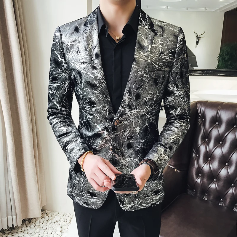

Rsfocus Gold Silver Blazer Men Autumn Stylish Mens Floral Print Blazer Jacket Prom Stage Costume Homme Wedding Blazers XZ165