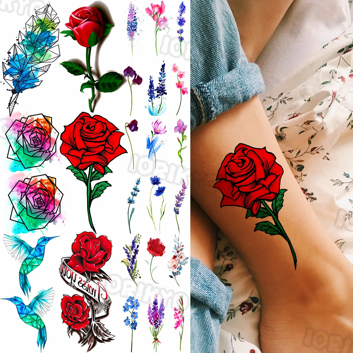 

Red Rose Flower Temporary Tattoos For Women Girls Lavender Watercolor Leaf Hummingbird Fake Tattoo Sticker Leg Arm Tatoos