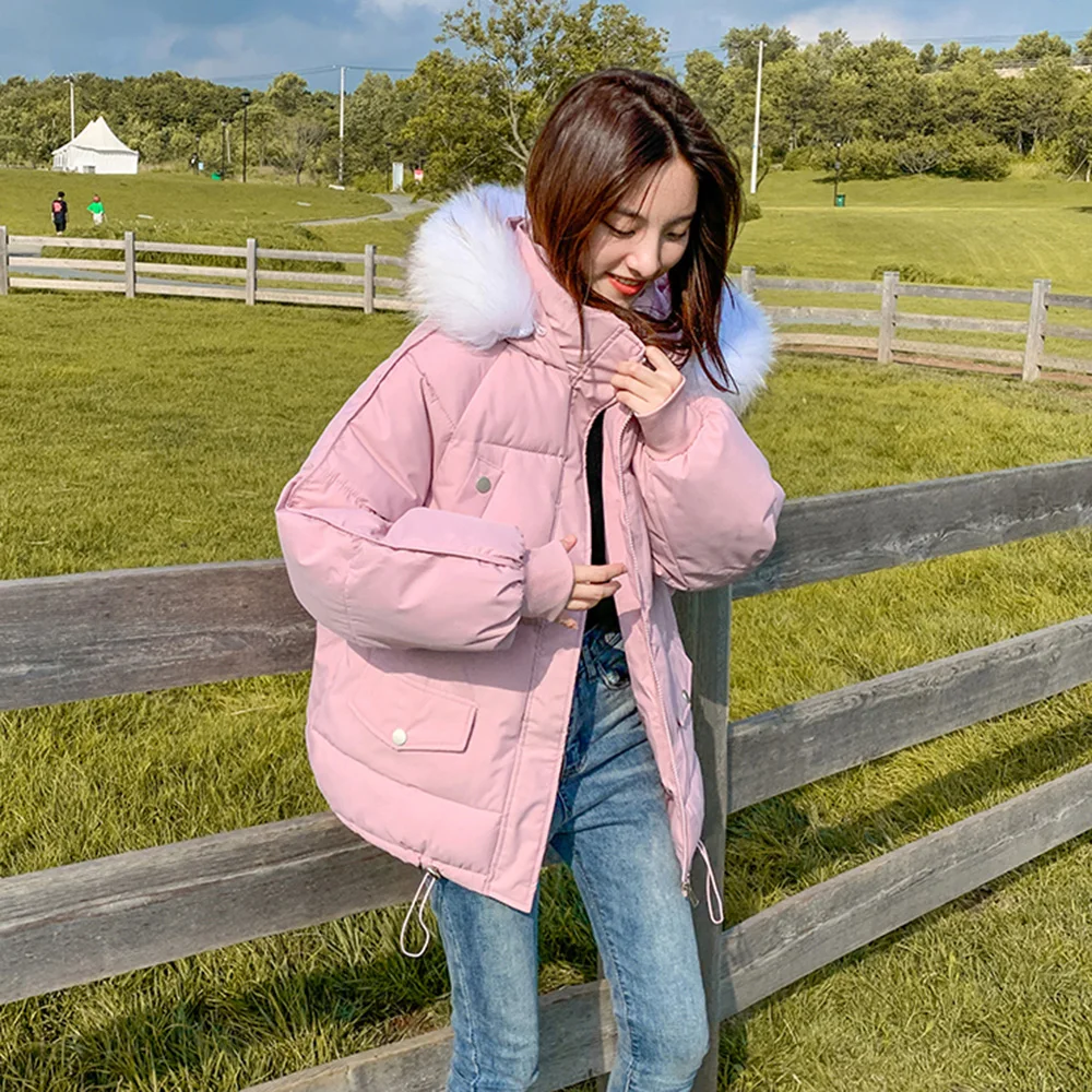 

2021 Autumn Winter Casual Womens Cotton Padded Jacket Fashion Solid Color Hooded Fur Collar Thicken Warm Long Sleeve Womens Coat
