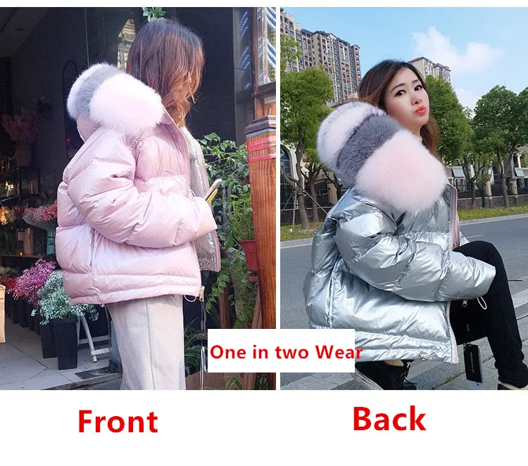 Пальто с натуральным мехом, зимняя куртка, Женская парка, натуральный большой Лисий мех, воротник, капюшон, утиный пух, пальто, шерстяная верхняя одежда, Толстая теплая Новинка