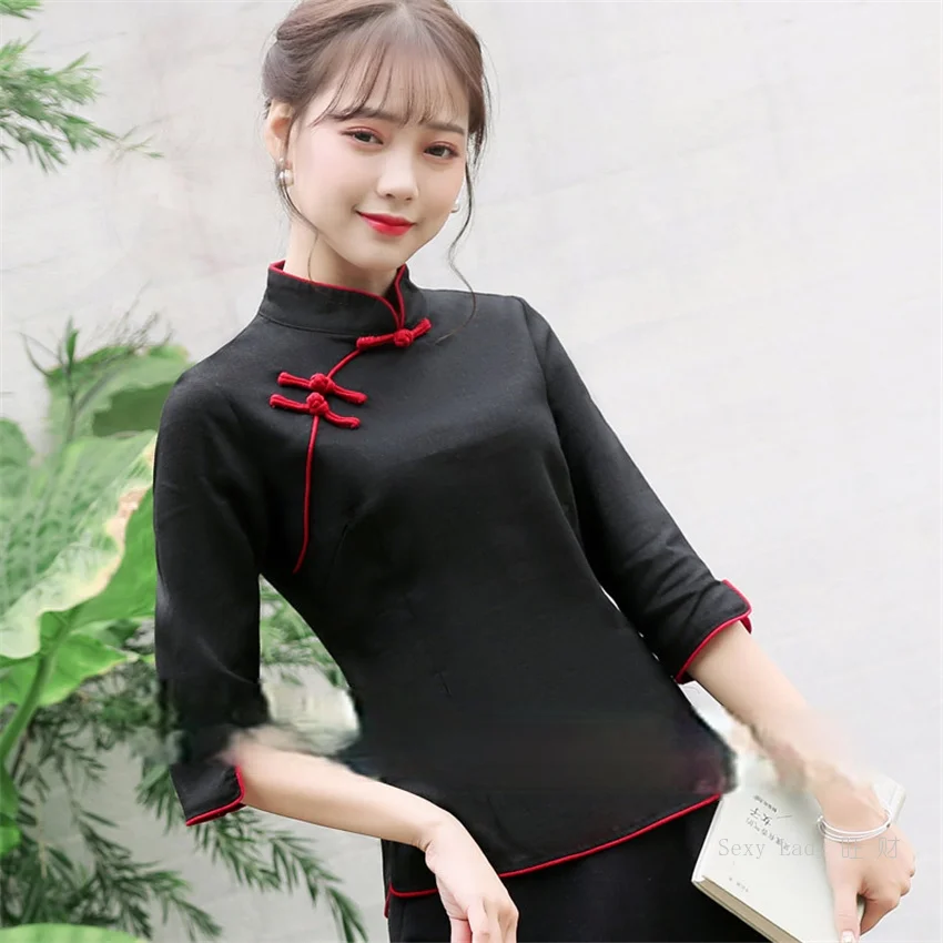 

Chinese Traditional Style Cheongsam Shirt Retro Solid Woman Linen Tang Suit Casual Mandarin Collar Blouse Elegant Qipao