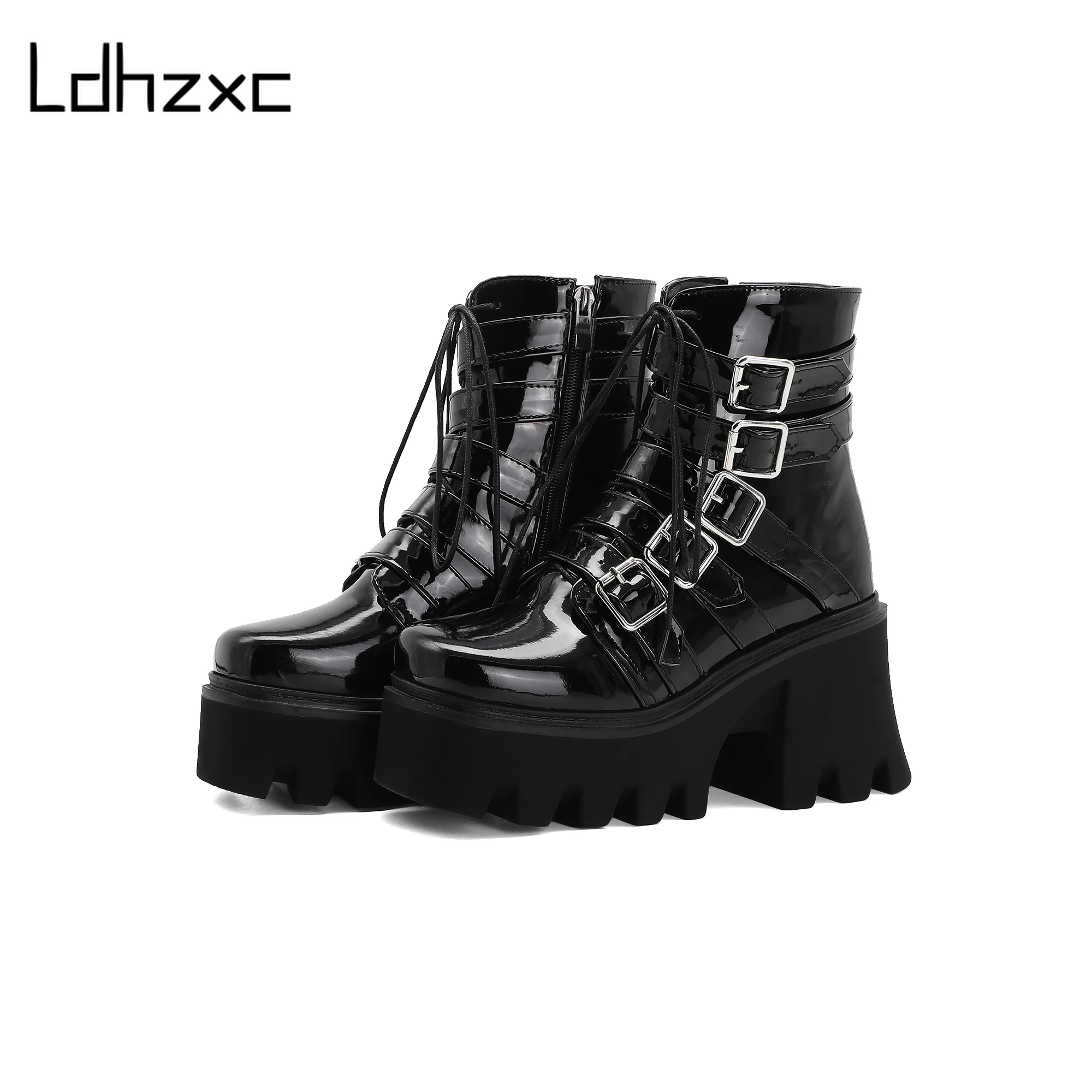 

LDHZXC winter Fall Chunky Motorcycle Boots For Women Black Lace Up Ankle Boots Block Heel Fashion Shoes Party Street Drop Ship