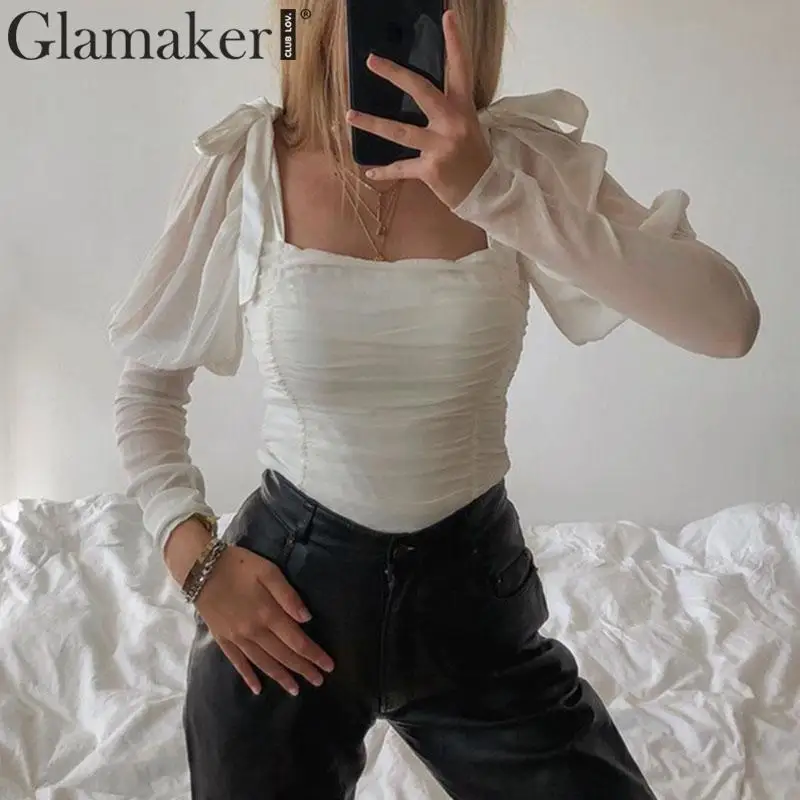 Glamaker, квадратный воротник, длинный Пышный рукав, белая блузка, Элегантный Бант, Офисная Женская блузка, Осень-зима, винтажная блузка