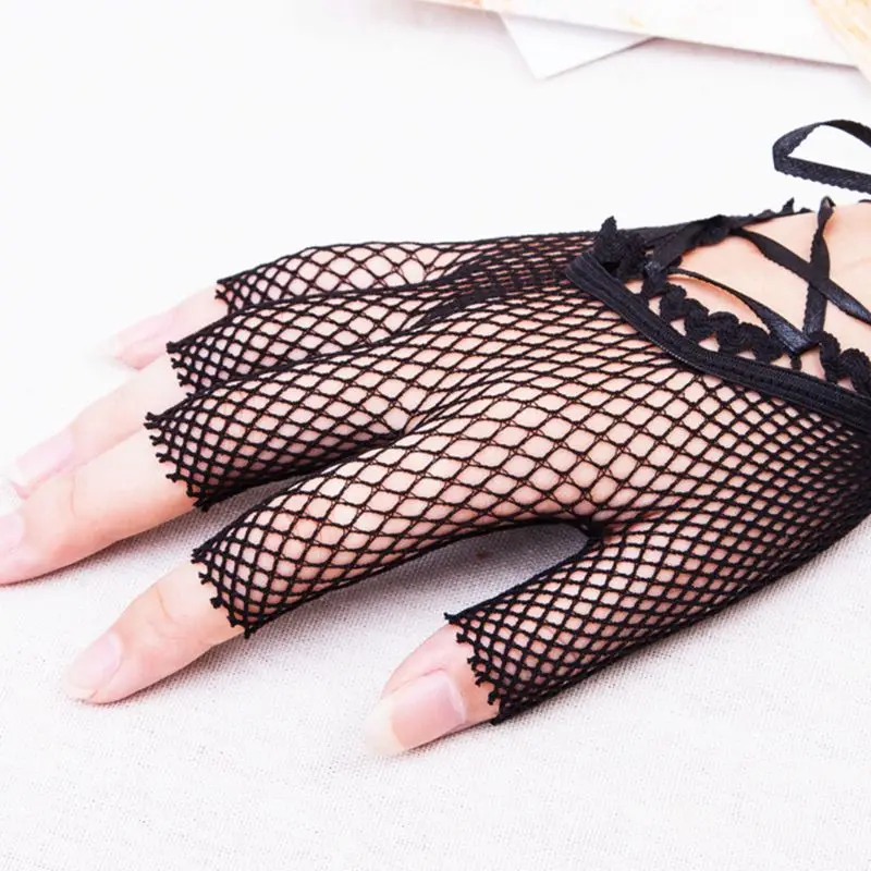

Womens Wrist Length Punk Sexy Half Finger Gloves Solid Color Hollow Out Fishnet Criss Cross Lace Up Bandage Mittens Dancing