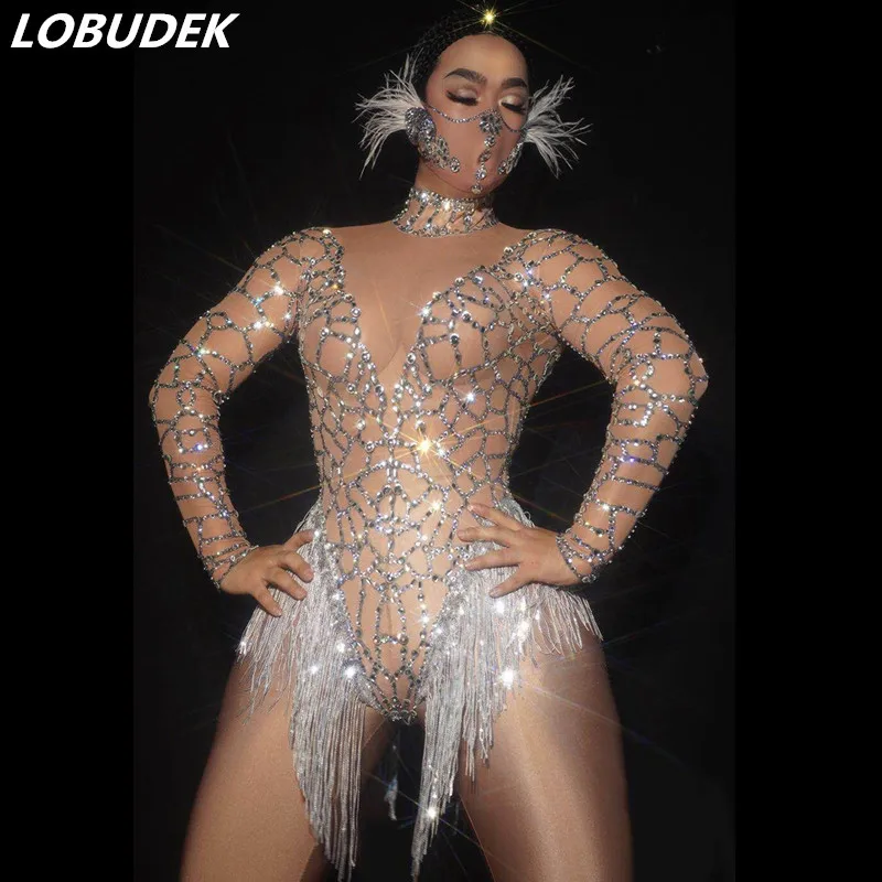 

Mesh Bodysuit Sexy Transparent Rhinetons Sequin Tassel Leotard Nightclub Bar DJ Pole Dancing Costume Party Rave Performance Wear