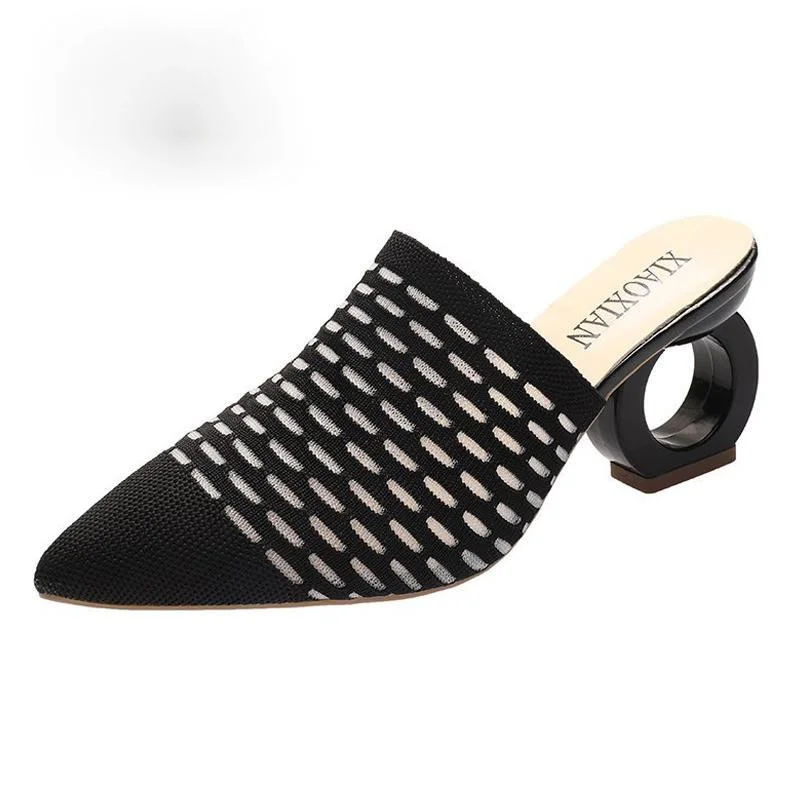 

Women Pointed Toe Slippers 7cm Openwork Heels Air Mesh Stretch Fabric Slides Plus Size 43