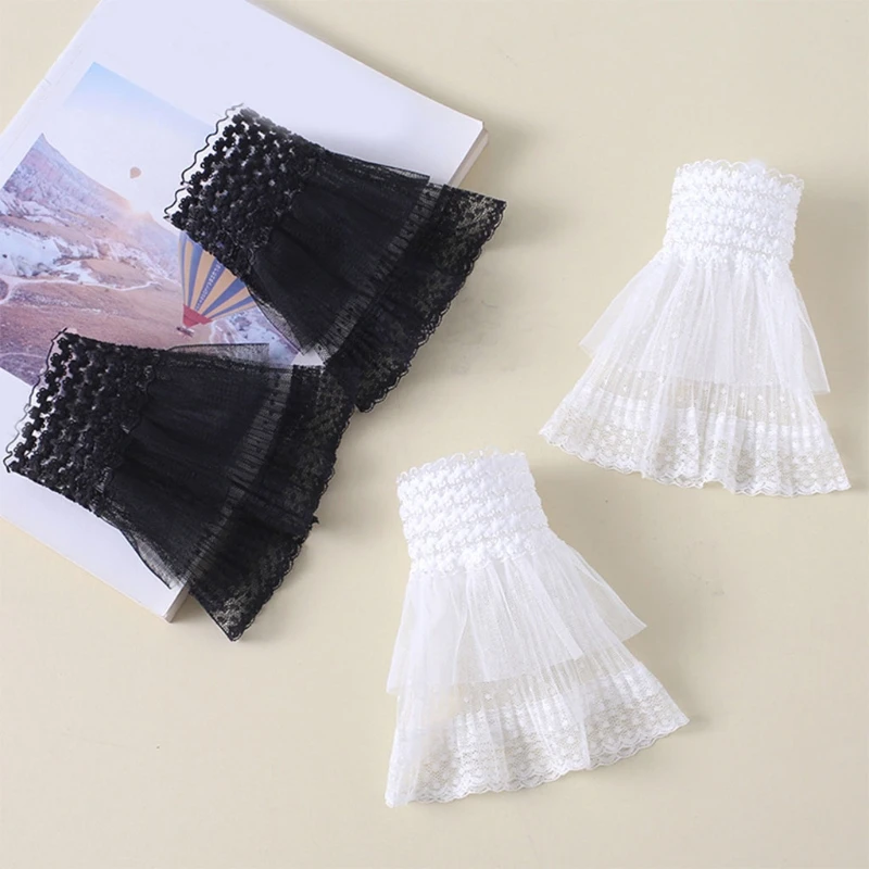 1 Pair Korean Women Girls Fake Flared Sleeves Double Layer Lace Pleated Ruched False Cuffs Wrist Warmers |