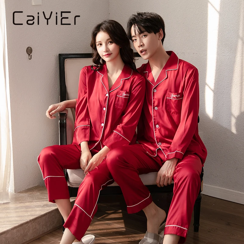 CAIYIER Solid Loves Pajamas Set Sexy Silk Satin Couple Sleepwear Men & Women Nightwear Long Sleeve Casual Winter Homewear M-3XL