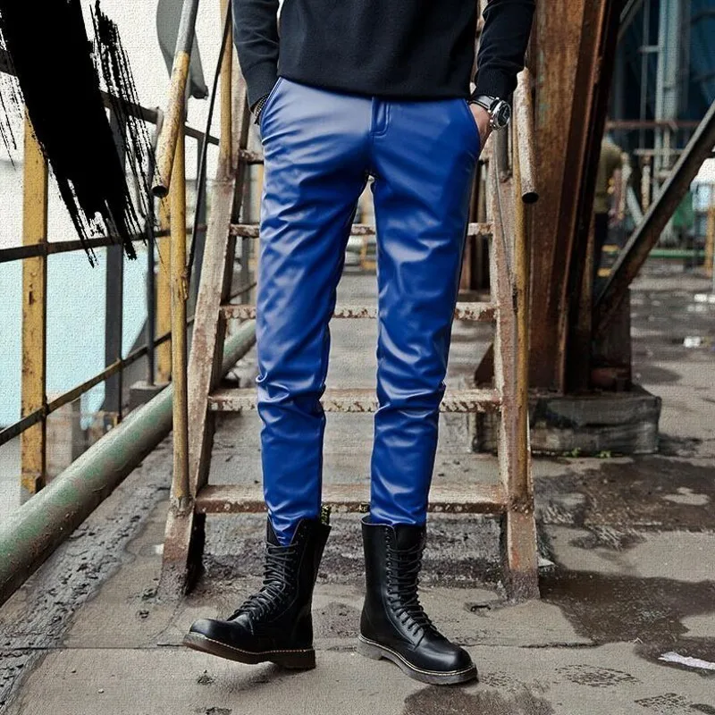 Сезон весна лето Новинка мужские узкие брюки из искусственной кожи в Корейском