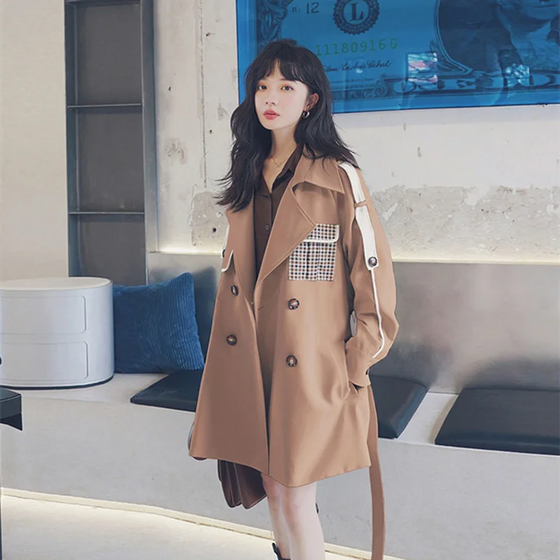 Женский двубортный Тренч с поясом-кушаком элегантная свободная повседневная