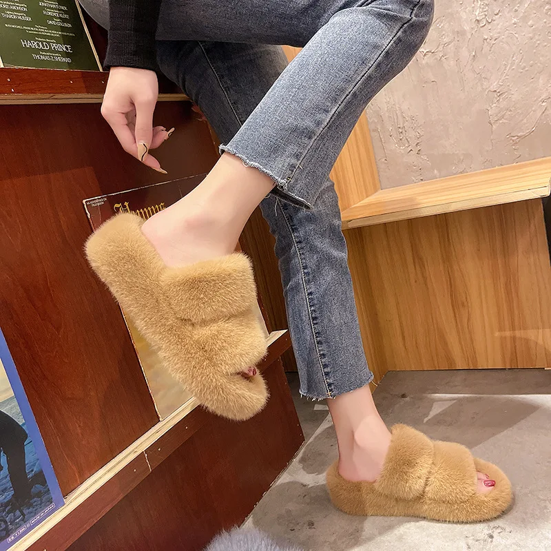 

2021 autumn and winter new style fashion casual solid color plush hollow thick bottom open toe outdoor women's slippers
