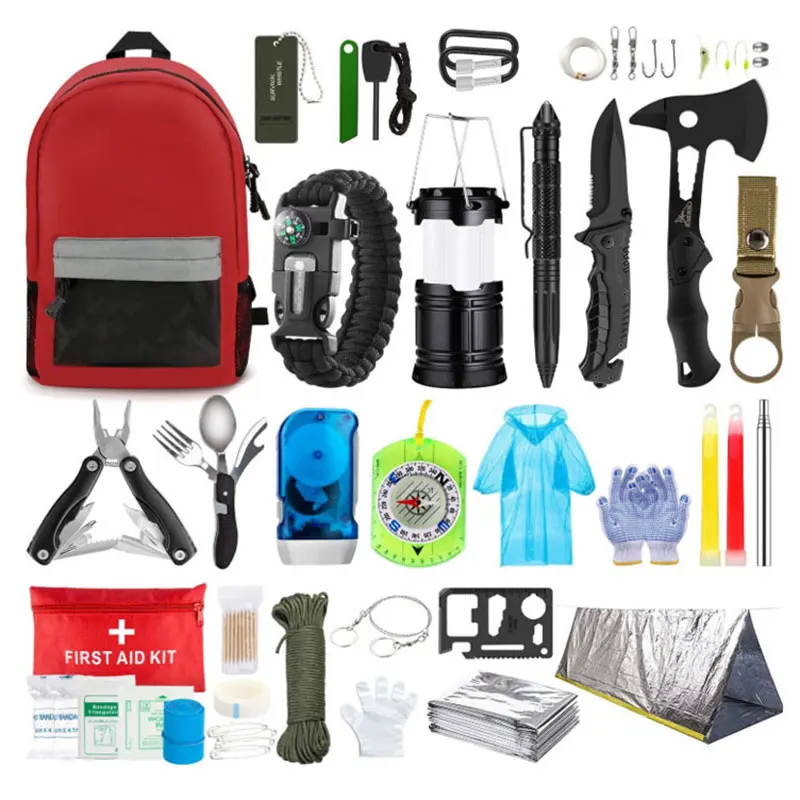 Emergency Survival Kit, Camping Survival Equipment, First Aid Kit, Outdoor Trauma Kit With Multi-Purpose Axe, Flashlight, Pliers
