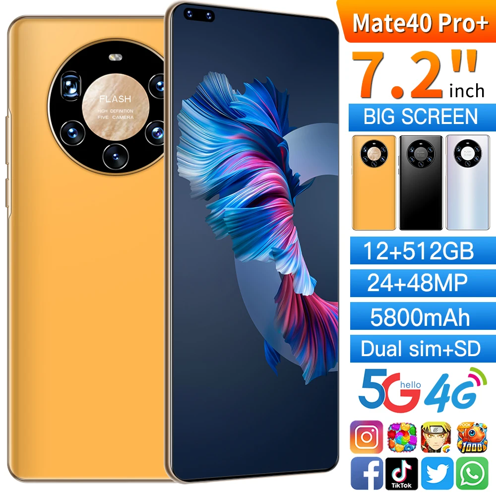 

Global Version 7.2 Inch Mate40 Pro 12GB 512GB 24+48MP Andriod 10 Smartphones Ten Core MTK6889 Dual SIM 4G 5G Global Cell Phone