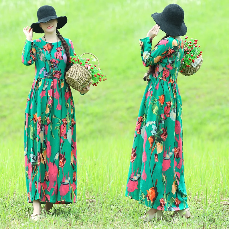 

Autumn 2020 Ethnic Style Retro plus Size Temperament Dress Loose Slimming Cotton and Linen Printed Long Sleeve Big Hem Dress