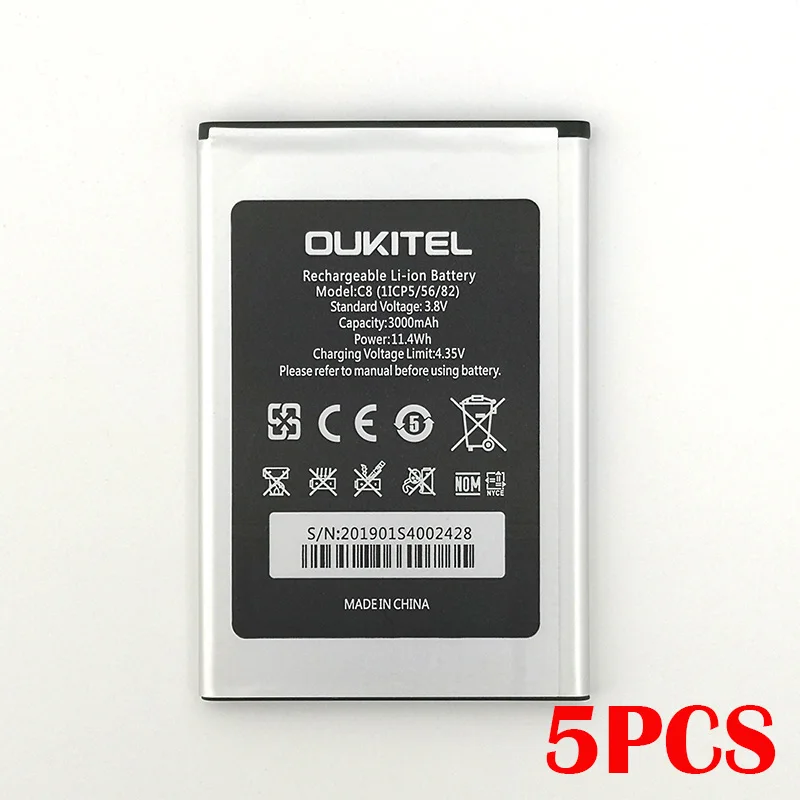 100% реальный 5 шт. 2000 мАч C8 (1ICP5/56/82) аккумулятор для смартфона Oukitel дюйма