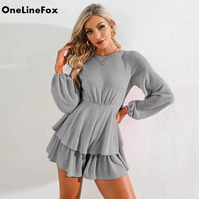 

OneLineFox Solid Lantern Ruffle Long Sleeve Party Summer Playsuit One Piece Pant Backless Short Romper Women Sexy Jumpsuit