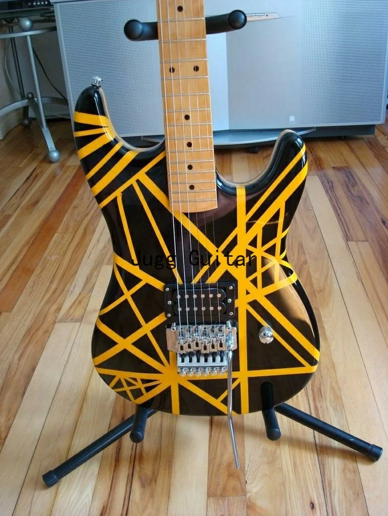 

Rare Wolf Edward Van Halen 5150 Yellow Stripe Black Electric Guitar Floyd Rose Tremolo Bridge, Maple Neck & Fingerboard