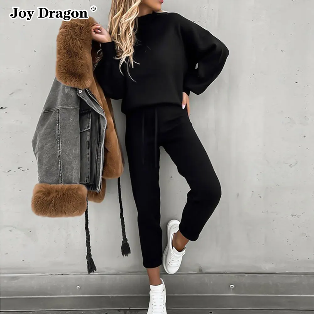 Women Solid Color Two Piece Suits Autumn Winter Long Sleeve Tops High Waist Pant Tracksuit 2pcs Set Casual Trousers Home Clothes