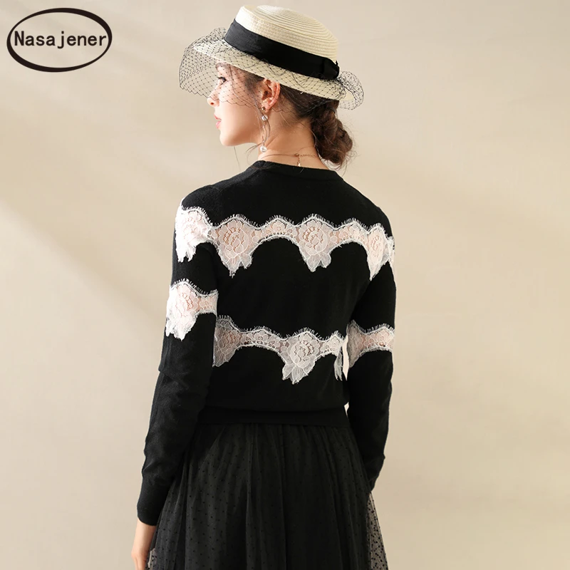 2019 Autumn Fashion Black Knitting Sweaters Women's Lace Splice Long Sleeve Elegant Vintage 100%Wool Pullovers Tops | Женская одежда