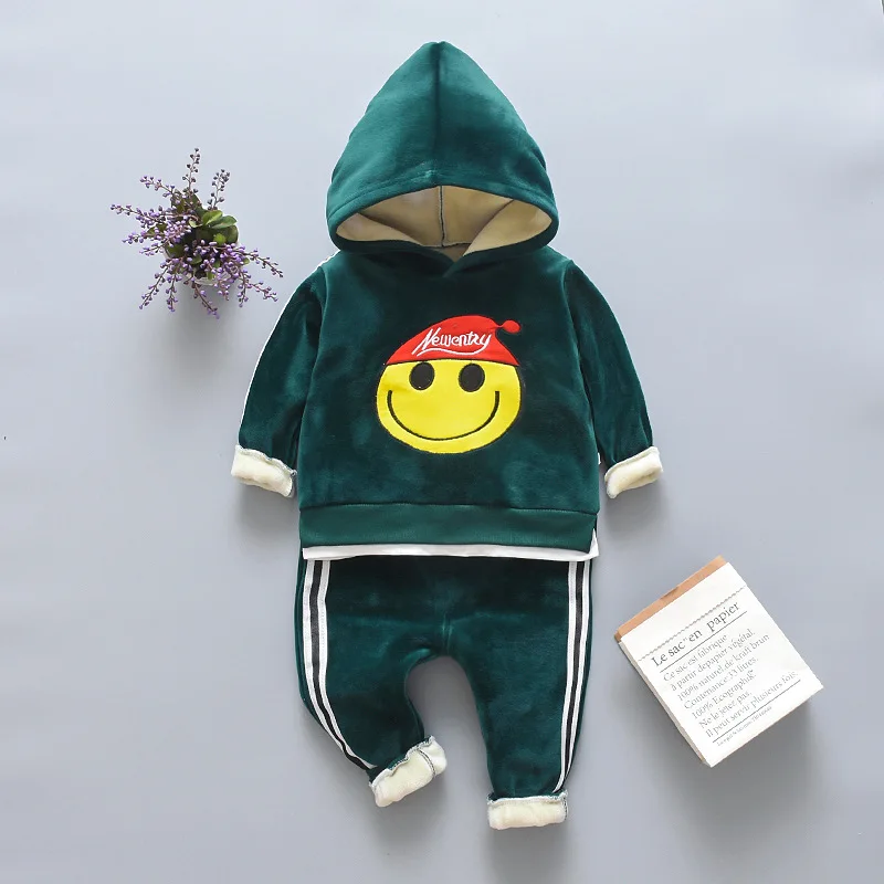 Green-A22 2 шт./компл. Детские Зимняя одежда, комплект, одежда для мальчиков и девочек, одинаковые футболки из вельвета и плотного флиса с капюшоном для детей ясельного возраста; пальто+ брюки для девочек супер теплый зимний костюм для детей - Цвет: Green-A22