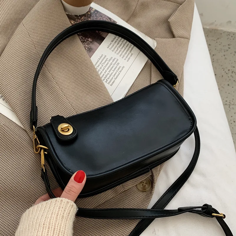 

Black Premium Ladie Baguette Bags Mini Pu Leather Shoulder Bags For Women Solid Color Designer Luxury Handbag Female Travel Tote