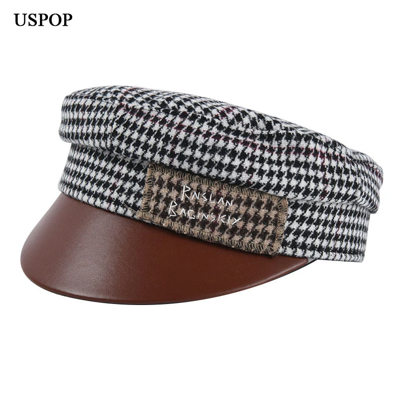 USPOP новые женские шапки newsboy зимние шерстяные Лоскутные короткие кожаные кепки