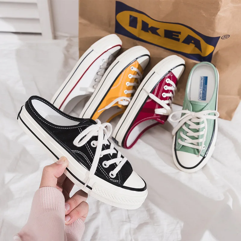 

2021 Spring/Summer New Half-Trail Canvas Shoes Female Hong Kong Flavor Comfortable Student Korean Style No Heel Single Shoes