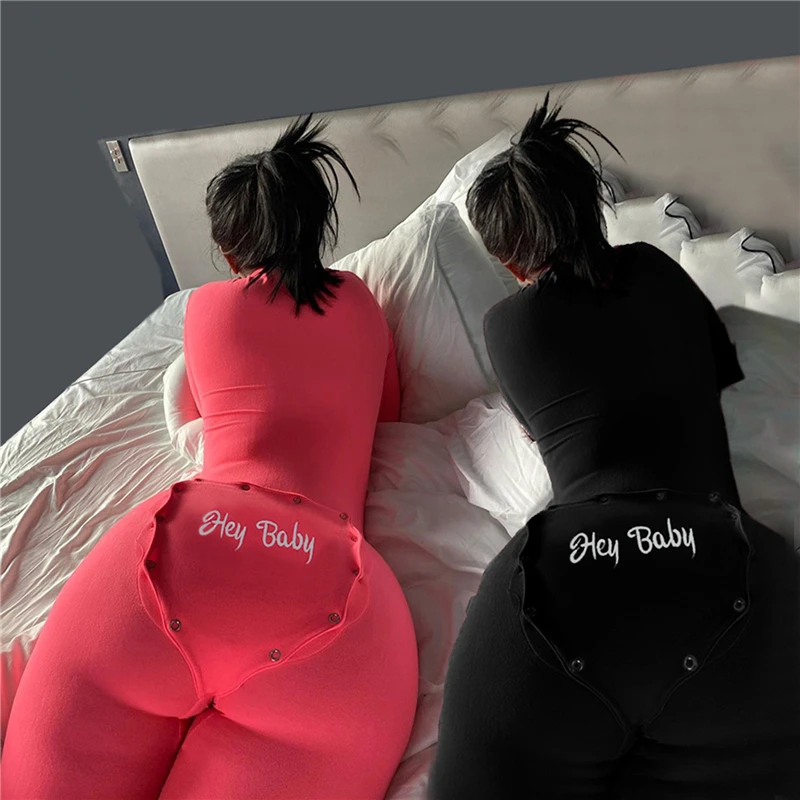 

V-neck Button Sexy Rompers Woman Long Sleeve Slim Bodycon Casual Sporty Jumpsuit Autumn Letter Embroidery Streetwear