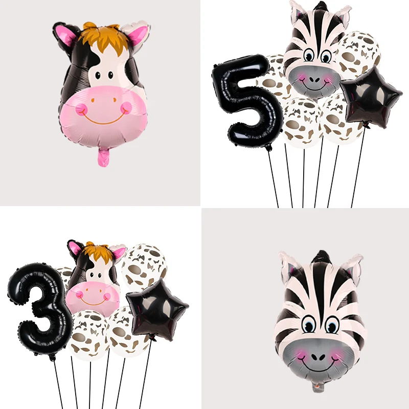 8pcs Cartoon Cows Zebra Foil Balloons Baby Shower Decors Animal Helium Balloon Birthday Party Decorations Inflated Air Globos