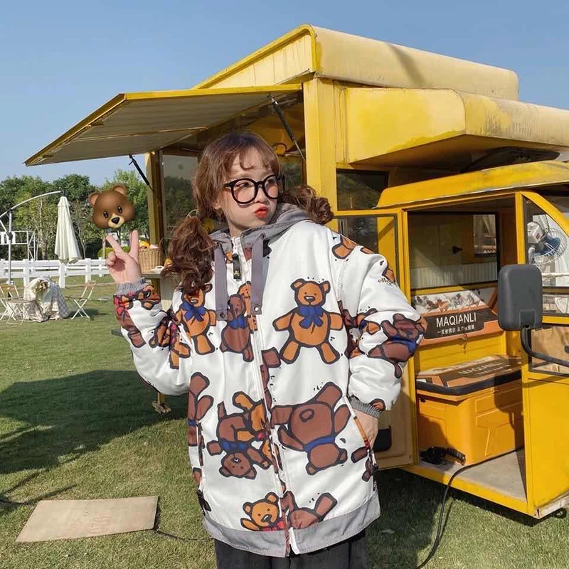

Winter Reversible cotton jacket jacket Cartoon Bear women Korean loose large cotton thickened coat medium length with hat heavy