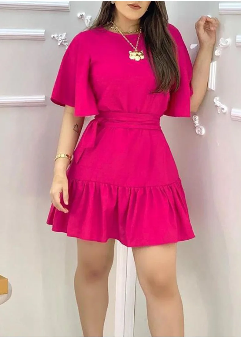 

Zoctuo Solid Sexy Bodycon Dresses For Women Short Sleeve Mini Dress O-Neck Party Summer Butterfly Sleeve Fashion Casual Dress