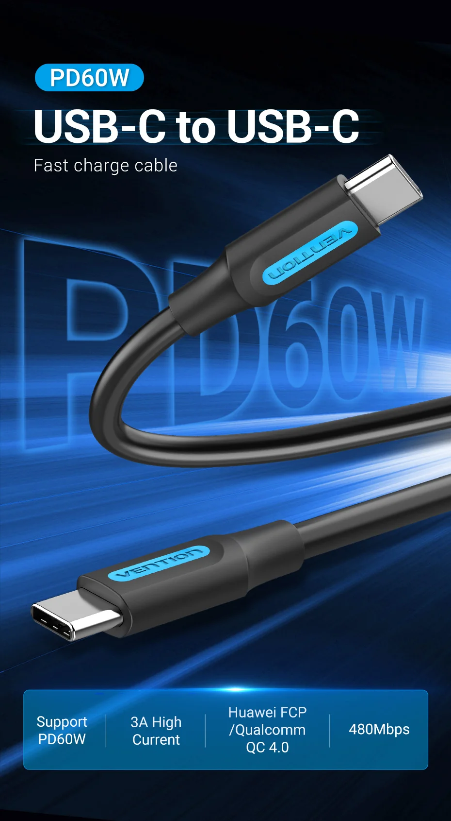 Vention USB C to USB Type C Cable PD 60W QC4.0 Fast Charger Data USB-C Cable for Macbook Samsung S20 Xiaomi 10 Pro USBC Cable 3m
