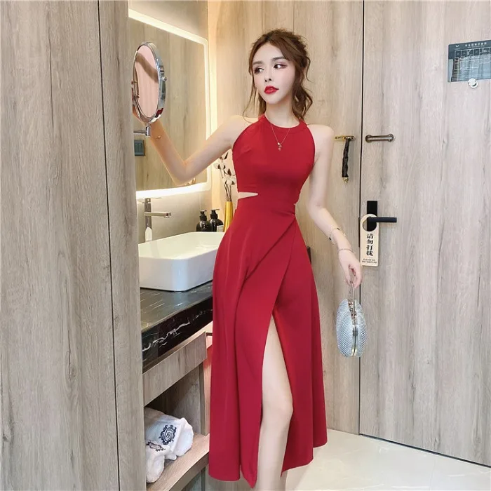

French Style Retro Minority Summer New Women's Clothing Korean Holiday Halter Sleeveless Dress Split High Waist Long Dress