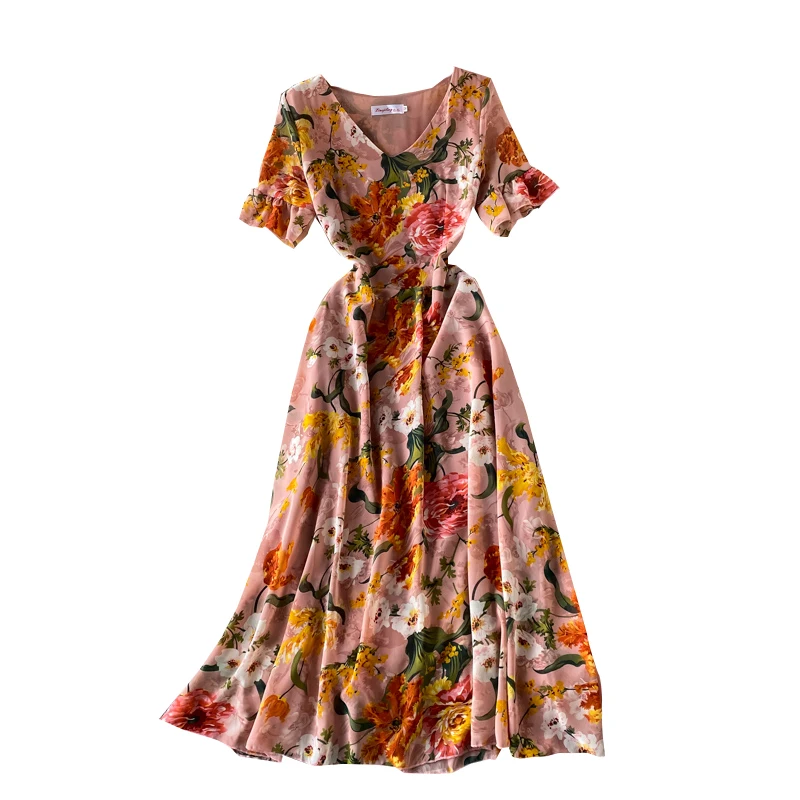 

new summer 2021 V is gotten printed chiffon dress female temperament accept waist show thin super posed long brim