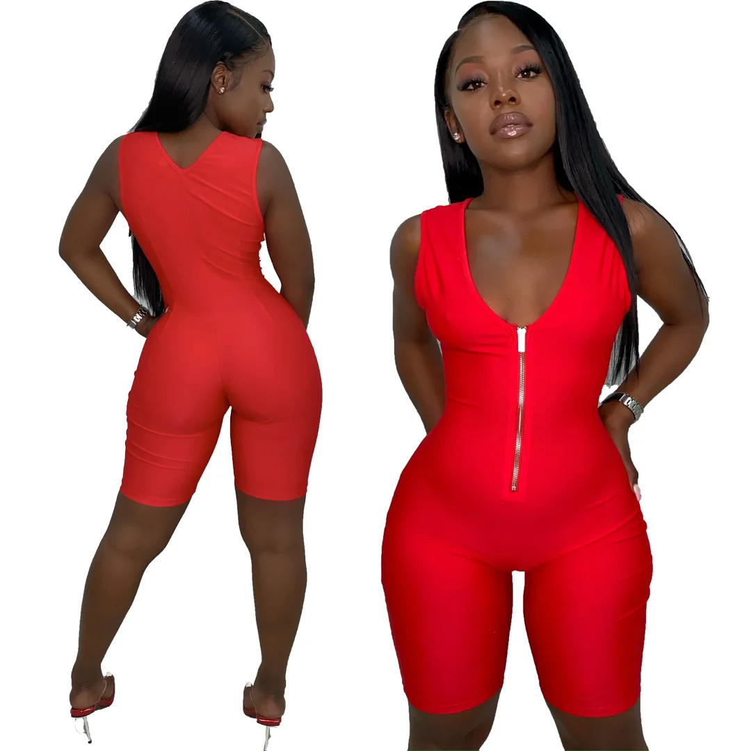 women playsuit solid Fluorescence skinny bodysuit 2020 spring summer sleeveless sexy v-neck zipper fly short outfit romper |