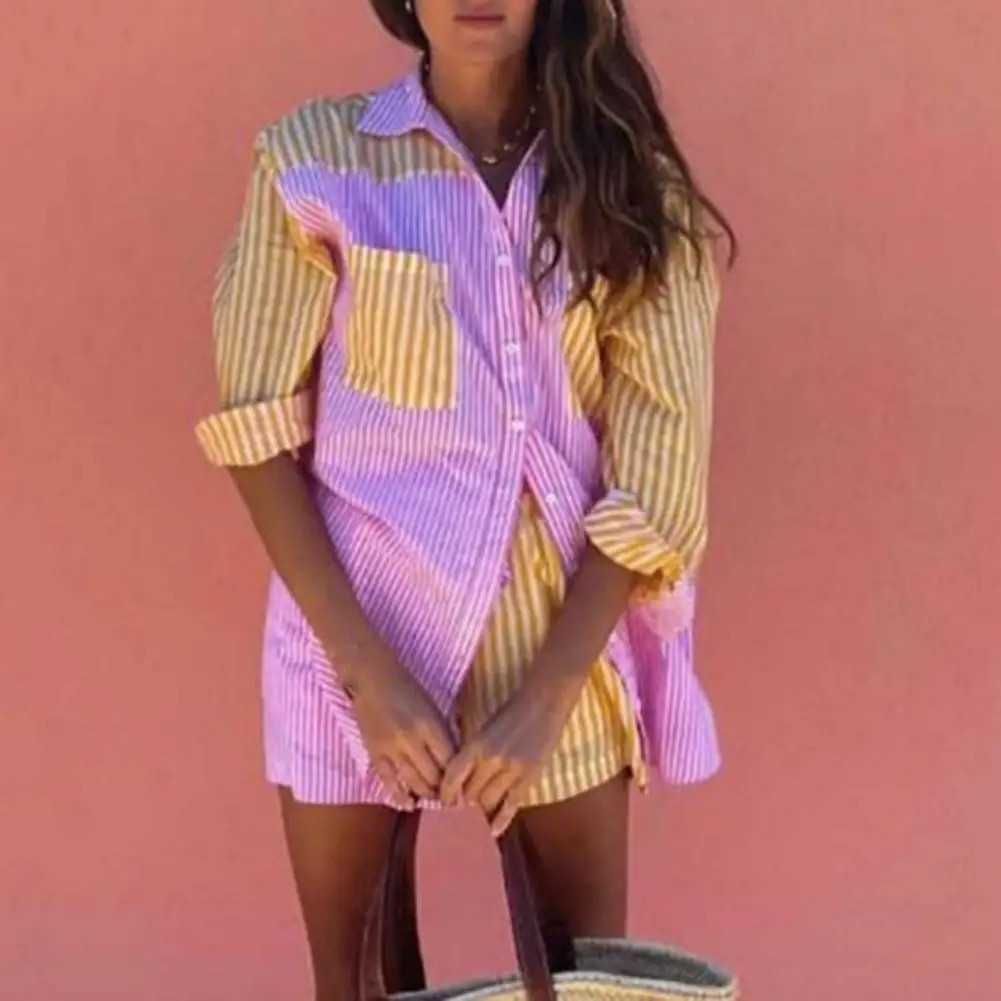 

Women Suit Strip Drawstring Loungewear Turn-down Collar Lady Suit for Home