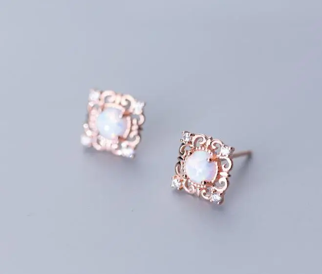 

9MM Real. 925 Sterling Silver jewelry white/ golds Square CZ Opal Stone &Lace Pattern Ear Stud Earrings jewelry C-E9965