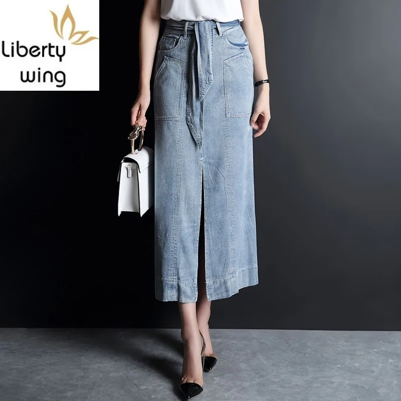 Elegant Slit Long Denim New Vintage Sash A-Line Jean Fashion Office Lady High Waist Slim Wrap Skirt S-3XL