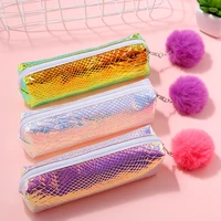 cute girl school supplies color gradient eye catching pencil case with hair ball laser pu fish scale sequins zipper pencil pouch