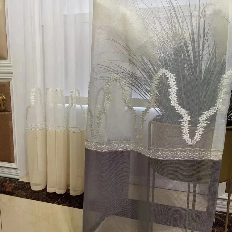 

White Grey grid style Tulle Curtains For Living room Jacquard Tulle Curtain for bedroom Soft Tulle for Kitchen Customized