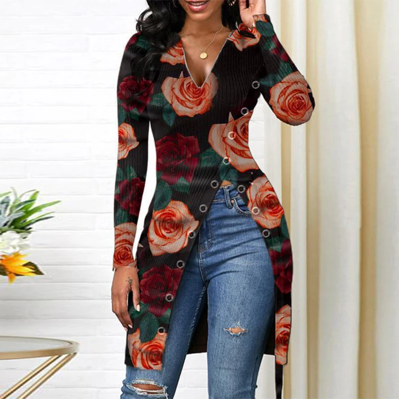 

Женская блузка с V-образным вырезом, длинным рукавом и принтом