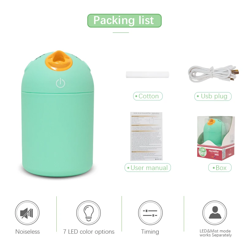 KBAYBO 180ml Adorable Bird Design Mini USB Air Humidifier Aroma Essential Oil Diffuser Automatic Child Bedroom | Бытовая техника